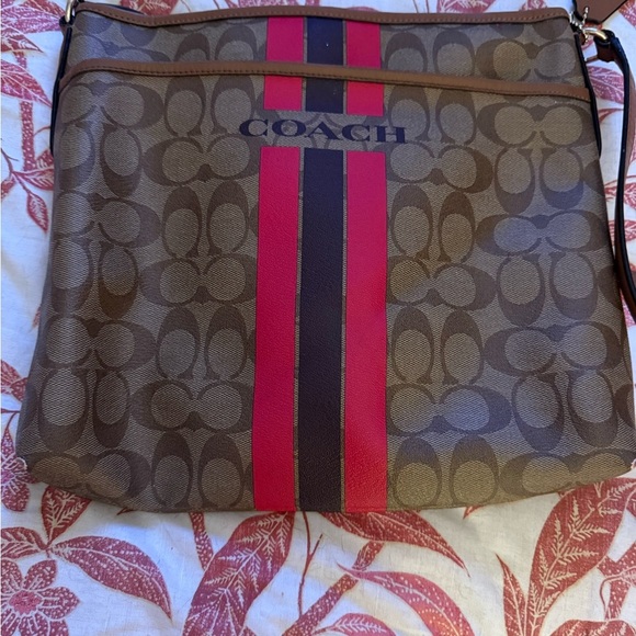 Coach Signature Brown and Red Stripe Bag - Picture 1 of 10